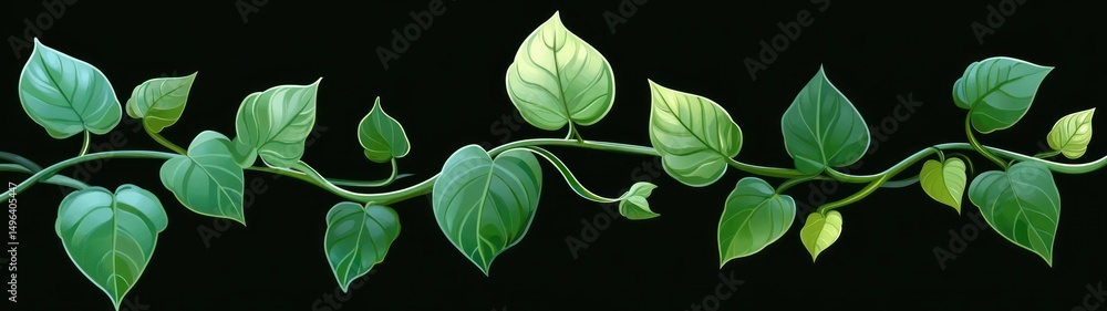 Poster seamless horizontal pattern of green heart-shaped vine leaves on dark background with realistic shad