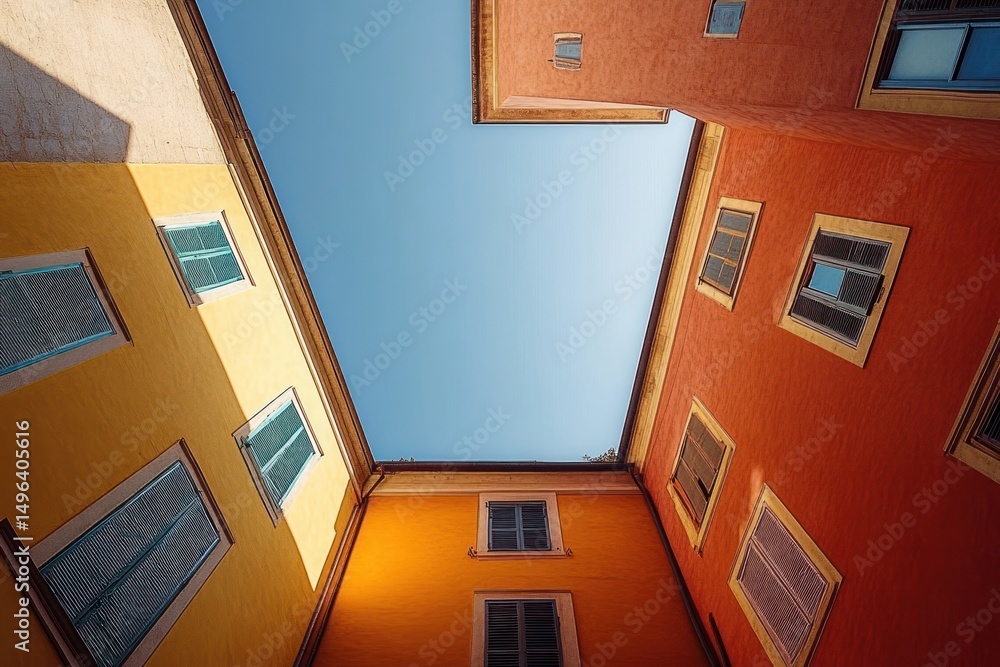 Poster looking up from a courtyard at colorful buildings with orange and yellow walls and multiple windows 