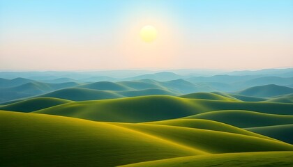 Minimalist landscape of softly layered rolling hills in gradient green and blue, under a clean sky with a large sun. Calm, abstract natural scenery