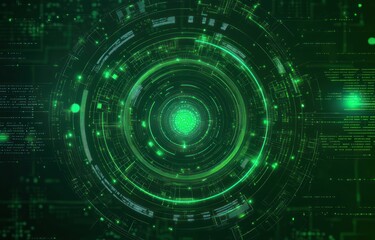 Fototapeta premium Futuristic green digital circular interface with glowing neon lines, intricate data patterns, and a central bright core symbolizing technology and information flow