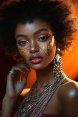 Close-up portrait of a woman with natural afro hairstyle and intricate gold tribal face paint, wearing layered metallic necklaces and large dangling earrings against warm orange background