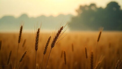 Obraz premium Golden Wheat Field at Sunrise Peaceful agricultural landscape showcasing ripe wheat stalks bathed in warm morning light