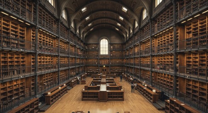 A Grand Library's Interior: An impressive wide-angle shot captures the essence of a historical library, revealing towering shelves lined with books, an architectural marvel.