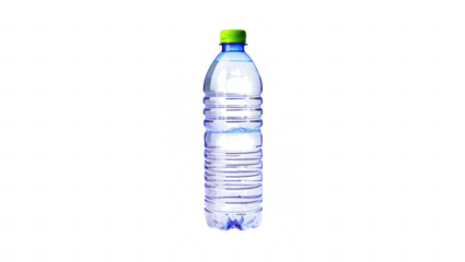 Blue Plastic Water Bottle with Green Cap on Transparent Background
