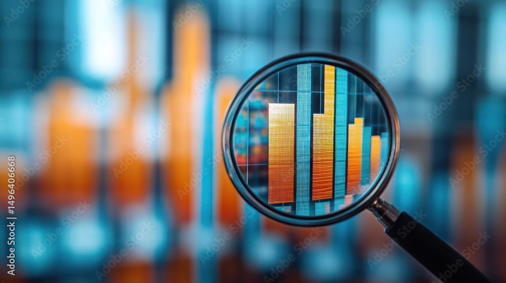 Poster magnifying glass focusing on a colorful bar chart with orange and blue bars, symbolizing data analys