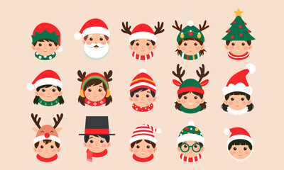 Kids head christmas characters graphic vector illustration set