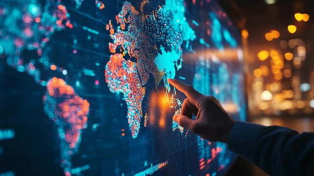 Digital World Map. A hand is pointing towards Southeast Asia