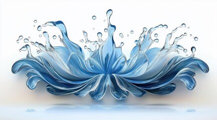 Fototapeta premium Abstract splash of blue water forming symmetrical, flower-like shapes with droplets against a clean white background, evoking freshness and fluidity