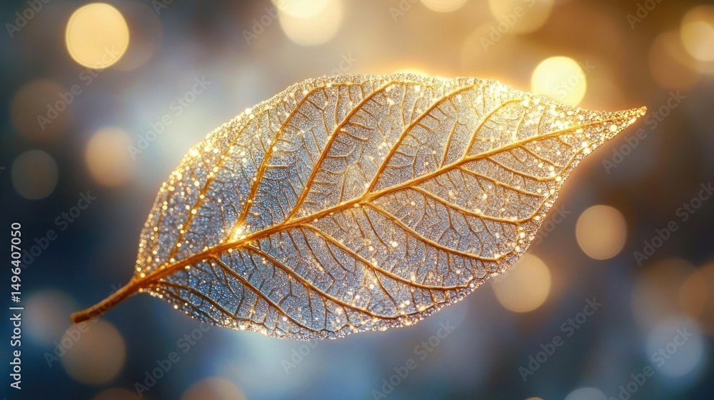 Poster close-up of a delicate golden leaf skeleton with dewdrops sparkling under warm glowing bokeh lights 