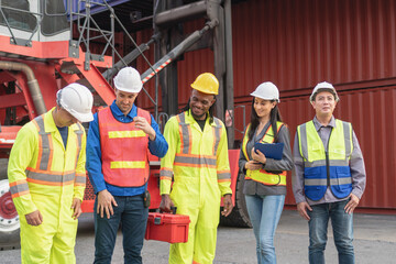 Relaxing engineer and foreman worker team in industry containers yard, Diverse team of workers at shipping container cargo