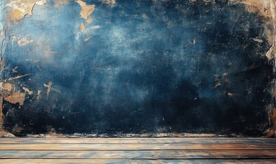 Old worn textured blue wall with peeling paint above distressed wooden floorboards creating a rustic and vintage atmosphere