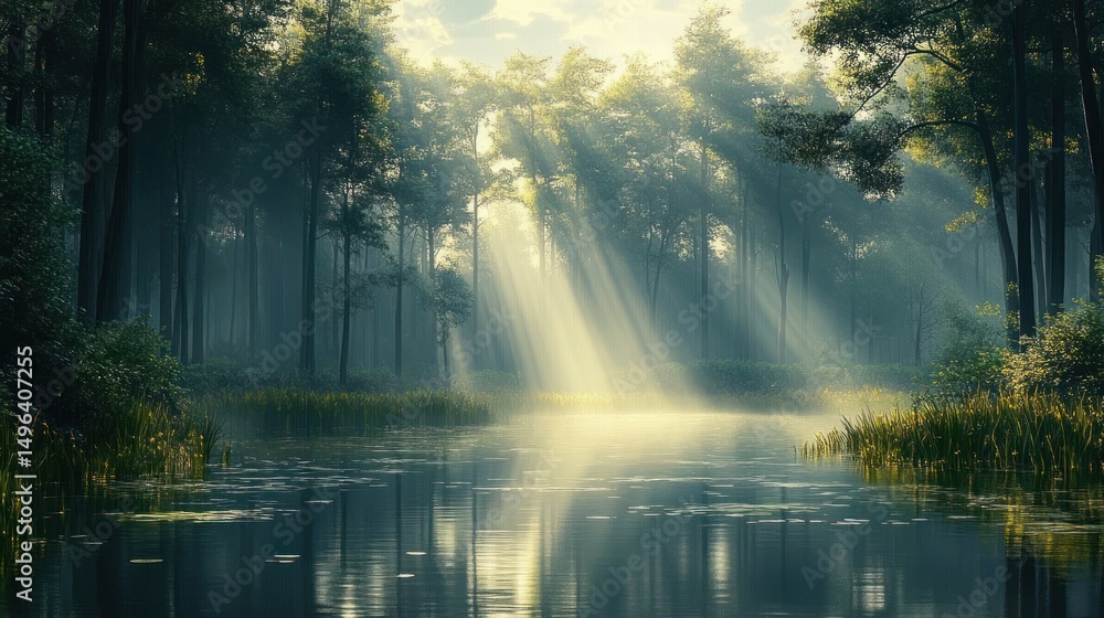 Poster sunlight streaming through tall trees over a calm lake surrounded by lush greenery and mist in a pea