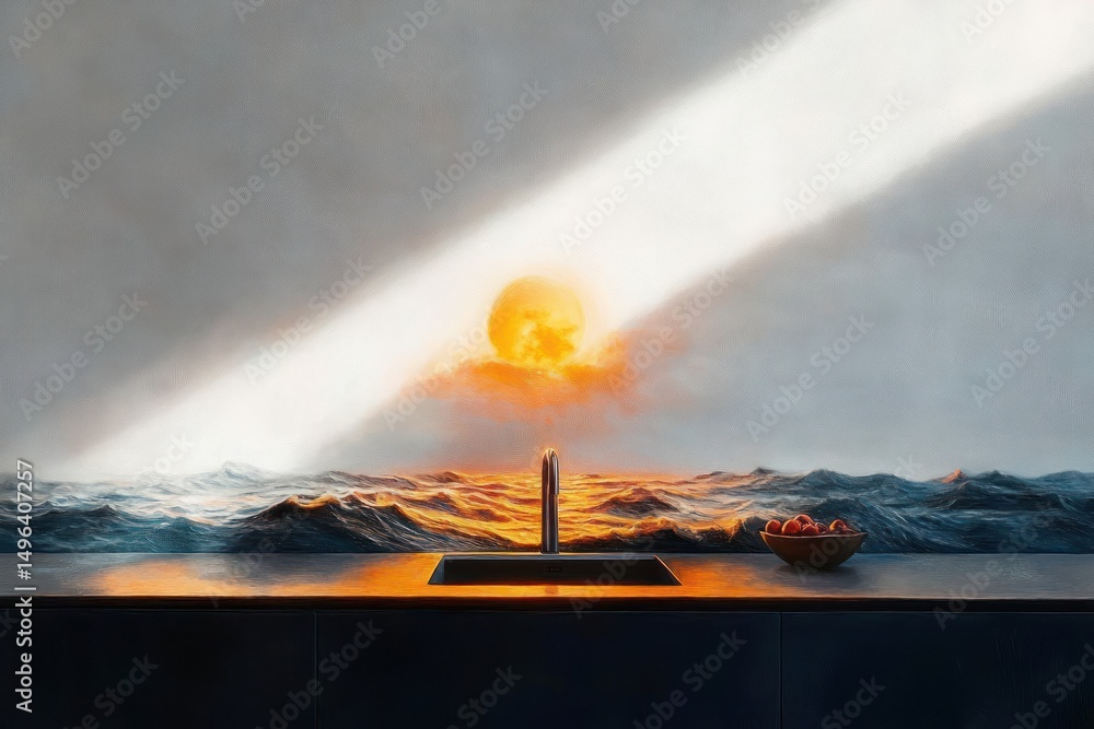 Poster modern kitchen sink with a bowl of fruit on countertop under a beam of sunlight with ocean waves and