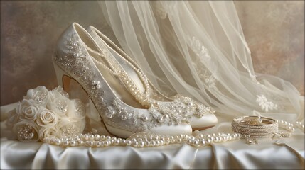 Elegant bridal accessories composition featuring pearl-embellished shoes and delicate veil on white satin fabric with soft diffused studio lighting for wedding style concepts