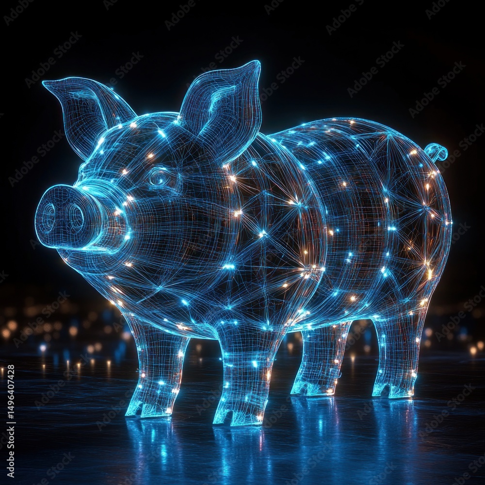 Poster glowing digital wireframe model of a pig illuminated with blue and orange light points against a dar