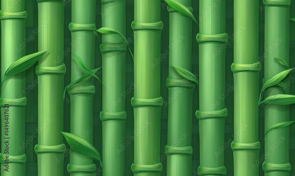 Poster close-up view of green bamboo stalks with fresh leaves arranged vertically creating a natural textur