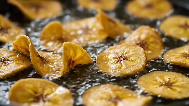 Frying Plantain Slices in Hot Oil for Crispy Chips Cooking Process