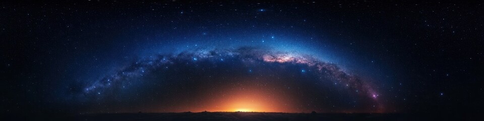 Panoramic night sky featuring the milky way galaxy arching over a glowing horizon with scattered stars illuminating the dark landscape