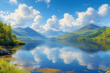 Obraz premium Calm lake reflecting fluffy white clouds with green hills and mountains under a bright blue sky in a peaceful natural landscape