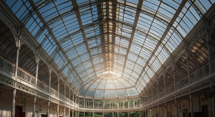 Architectural Grandeur: An expansive glass roof floods a historical building with natural light, showcasing intricate details of the interior design. A breathtaking depiction of architectural beauty.