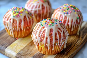 Colorful Iced Cupcakes with Sprinkles on a Wooden Board