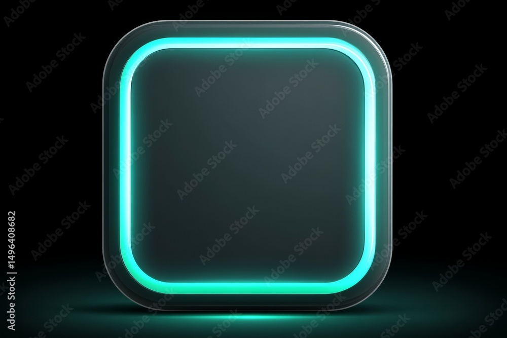 Poster neon-glowing square button on dark background with futuristic design
