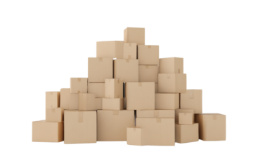 A stack of cardboard boxes is piled on top of each other