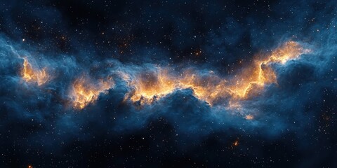 Fototapeta premium Vast cosmic nebula glowing with blue and golden fiery clouds amidst numerous distant stars in deep space