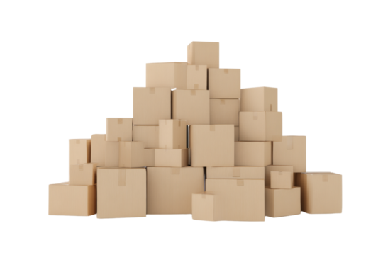 A stack of cardboard boxes is piled on top of each other
