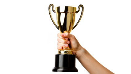 Hand Holding Golden Trophy Award on Black Background on transparent background