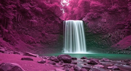 Waterfall in Pink Wonderland: A breathtaking, photorealistic waterfall cascades through a surreal forest with vibrant pink foliage, creating a stunning and otherworldly landscape.