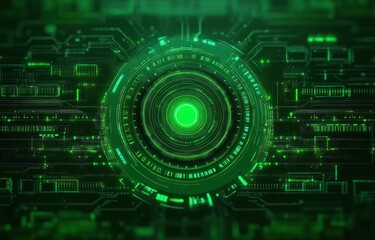 Glowing green futuristic digital interface with circular patterns and circuit-like connections emitting a high-tech, sci-fi atmosphere