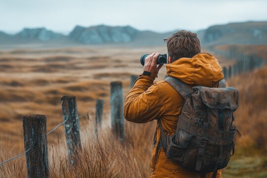 Man in brown jacket with backpack using binoculars to observe distant landscape with mountainous terrain and dry grass fields under overcast sky - Powered by Adobe
