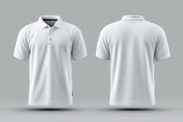 Front and back view of plain white polo shirt on gray background