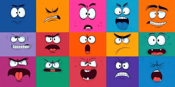 Grid of colorful cartoon faces expressing a wide range of intense emotions including anger, fear, surprise, frustration, and confusion
