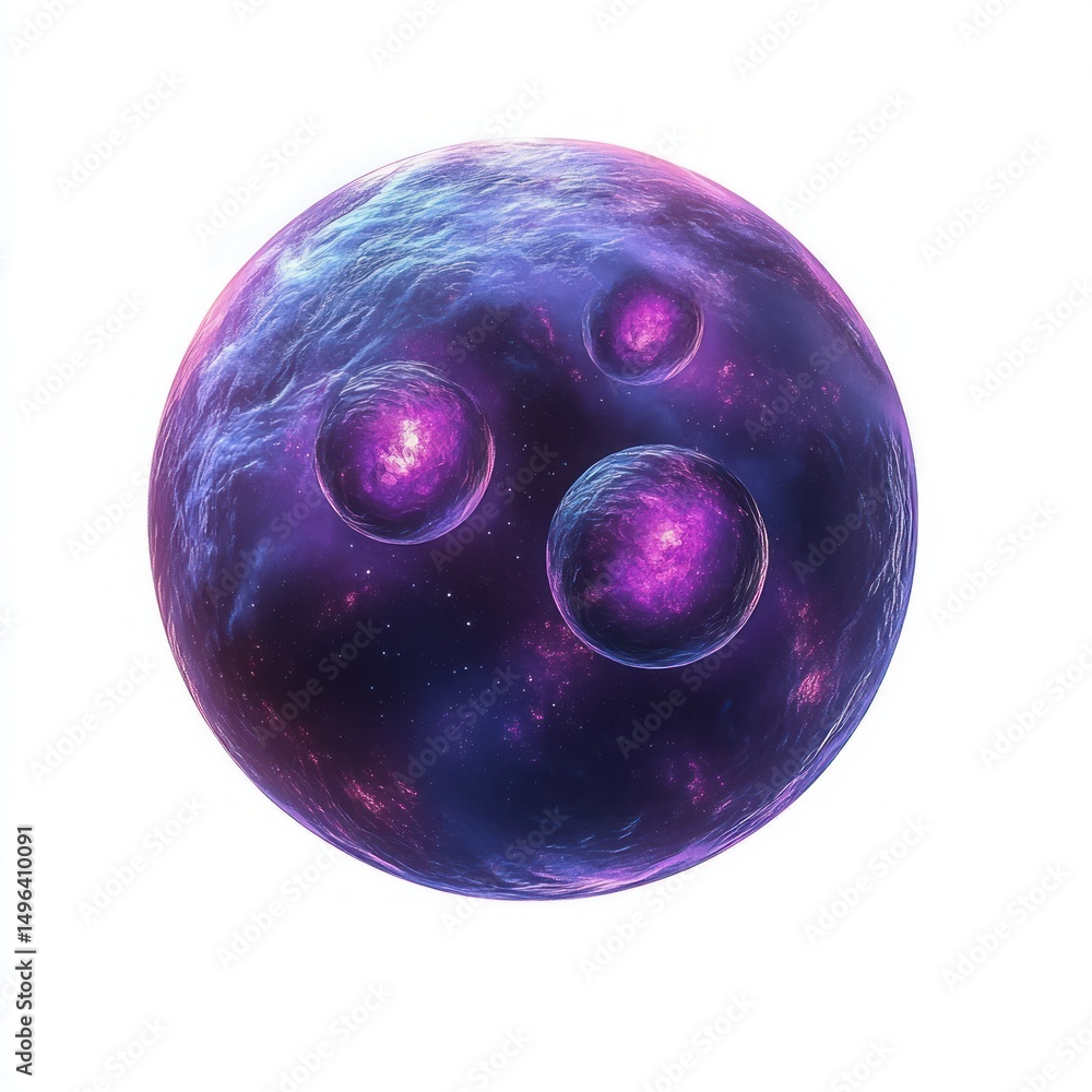 Fototapete 3d rendering of a spherical cell dividing into multiple smaller cells with glowing purple and blue t