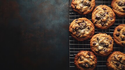 Freshly baked chocolate chip cookies cooling on a wire rack in a cozy kitchen setting with rustic background