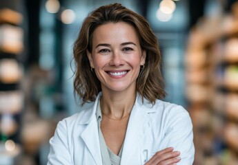 Caucasian female scientist in lab coat smiling in modern laboratory