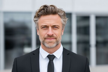 Fototapeta premium Confident mature caucasian male in suit posing outdoors with focused expression