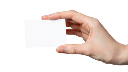 Obraz premium Hand Holding Blank White Business Card on Transparent Background