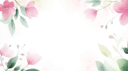 Naklejka premium Watercolor Floral Border with Pink Flowers and Green Leaves