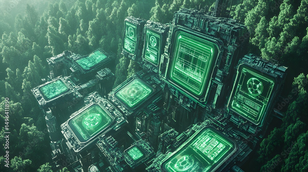 Poster futuristic structures nestled within a dense forest canopy.