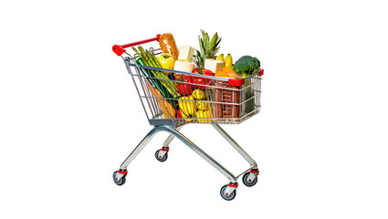 Full Shopping Cart with Fresh Produce and Groceries on transparent background