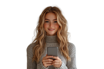 Person with wavy blonde hair wearing gray turtleneck sweater, holding dark phone, isolated on a transparent background