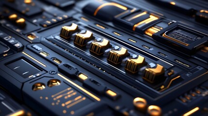 Close-up view of intricate technological paneling.