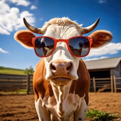 an AI Image Generator, Brown and White Cow Wearing Sunglasses