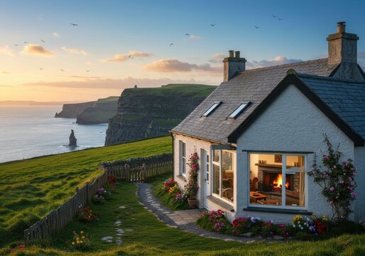 Fototapeta Picturesque Cottage: A charming cottage rests peacefully on a serene hillside, overlooking a captivating ocean vista. The inviting glow of a fireplace can be seen through the windows.