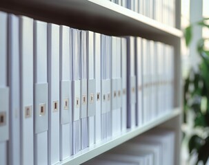 Fototapeta premium Close-up of organized white binders neatly arranged on office shelves with soft natural light and blurred green plant in the background