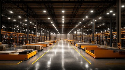 Fototapeta premium Vast warehouse interior with rows of stacked goods on orange automated transport systems, under bright artificial lighting. Clean, polished floors reflect the light