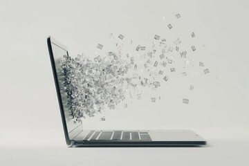 Laptop computer screen exploding into fragments against a white backdrop